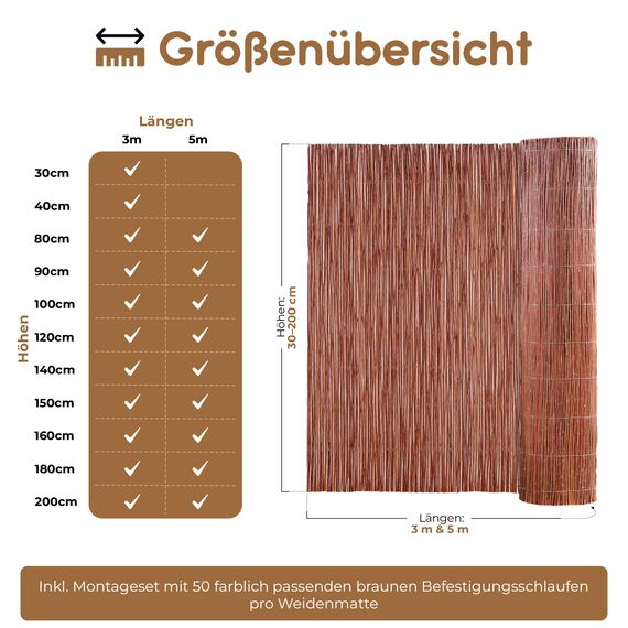BOOGARDI Weidenmatte - 20 Größen - Weidenzaun 140 cm hoch x 500 cm lang - Sichtschutzmatte Balkonverkleidung Gartenzaun Sichtschutz Zaun Garten Balkon Sichtschutzzaun Holz Weide