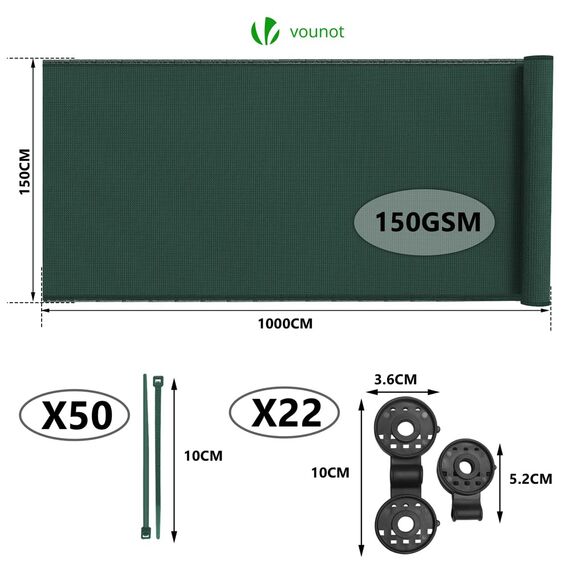 VOUNOT® Zaunblende 1.5×10m, Sichtschutz Zaun 150 g/m² HDPE Schattiernetz, Windschutz UV-resistent Reißfest, 85% Beschattungsgrad, mit Löcher und Kabelbinder, Grün