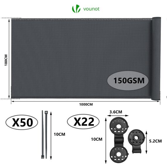 VOUNOT® Zaunblende 1.8×10m, Sichtschutz Zaun 150 g/m² HDPE Schattiernetz, Windschutz UV-resistent Reißfest, 85% Beschattungsgrad, mit Löcher und Kabelbinder, Anthrazit