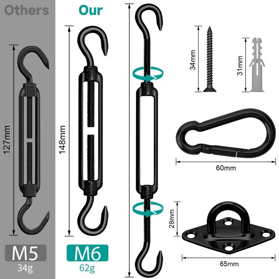 Morzejar Robustes Sonnensegel-Befestigungsset Edelstahl Hardware-Kit für Dreieck und Quadrat Rechteck Sonnensegel Befestigungszubehör Schwarz Polyester wasserdicht