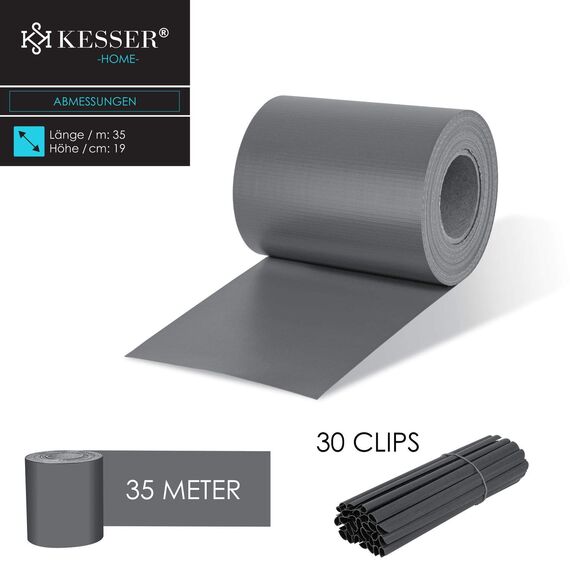 KESSER® PVC Sichtschutzstreifen Sichtschutz Rolle Doppelstabmatten Zaun Blickdicht | 35m x 19 cm | 30 Befestigungsclips | Wetterfest und Windschutz | Zaunfolie Sichtschutz Garten Gartenzaun, Grau