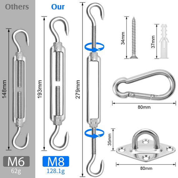 Sonnensegel Befestigung Set M8 Befestigung HardwareKit 304 Edelstahl Markisen Befestigungsset für Garten, sonnensegel zubehör Befestigung for Dreieck und Quadrat Hardware Zubehör Kit