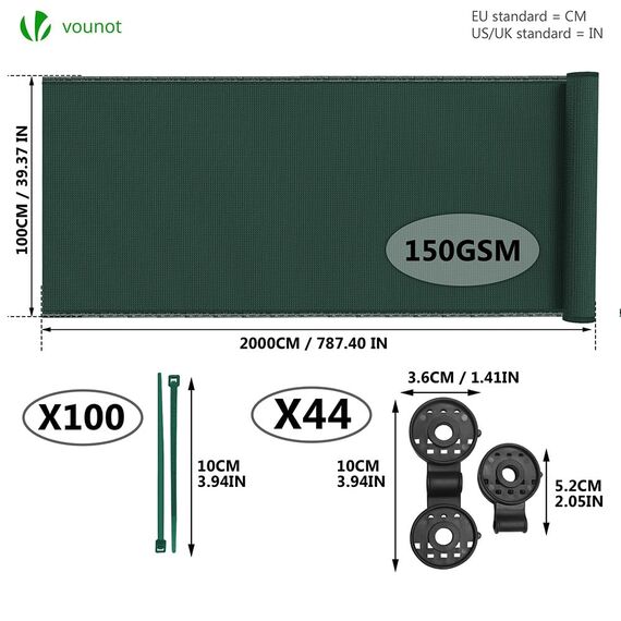 VOUNOT® Zaunblende 1×20m, Sichtschutz Zaun 150 g/m² HDPE Schattiernetz, Windschutz UV-resistent Reißfest, mit Löcher und Kabelbinder, Grün