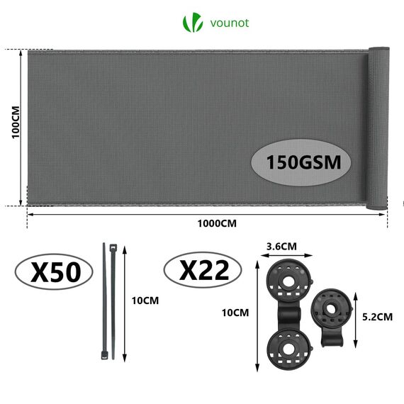 VOUNOT® Zaunblende 1×10m, Sichtschutz Zaun 150 g/m² HDPE Schattiernetz, Windschutz UV-resistent Reißfest, 85% Beschattungsgrad, mit Löcher und Kabelbinder, Grau