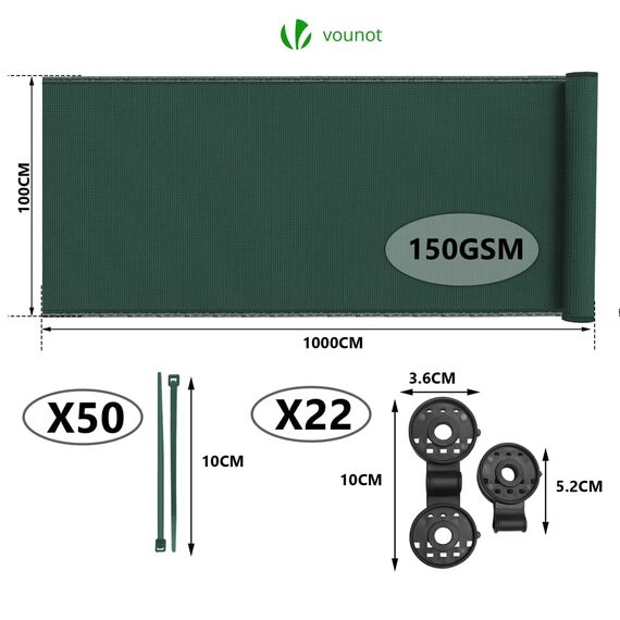 VOUNOT® Zaunblende 1×10m, Sichtschutz Zaun 150 g/m² HDPE Schattiernetz, Windschutz UV-resistent Reißfest, 85% Beschattungsgrad, mit Löcher und Kabelbinder, Grün
