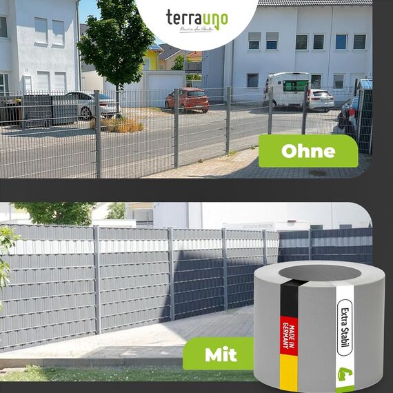 TerraUno Nachhaltige Sichtschutzstreifen für Doppelstabmatten, Polypropylen, Made in Germany, RAL 7040 Grau, 1 Streifen, extra stabil, Lederoptik, Zaun Sichtschutz mit UV-Beständigkeit