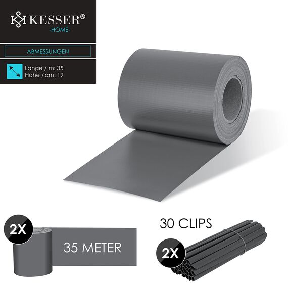 KESSER® PVC Sichtschutzstreifen Sichtschutz Rolle Doppelstabmatten Zaun Blickdicht | 70m x 19 cm | 60 Befestigungsclips | Wetterfest und Windschutz | Zaunfolie Sichtschutz Garten Gartenzaun, Grau