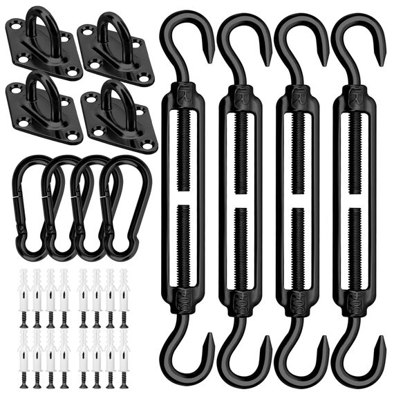 Morzejar Robustes Sonnensegel-Befestigungsset Edelstahl Hardware-Kit für Dreieck und Quadrat Rechteck Sonnensegel Befestigungszubehör Schwarz Polyester wasserdicht