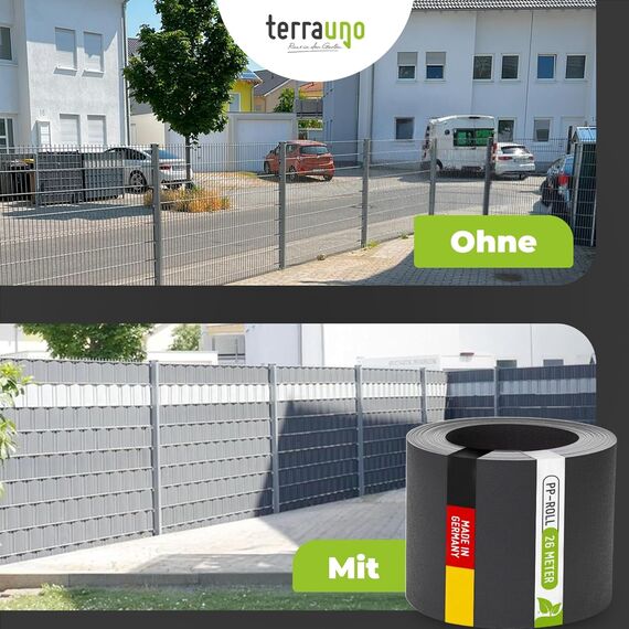 TerraUno Nachhaltige Sichtschutzstreifen für Doppelstabmatten, Polypropylen, Made in Germany, RAL 7016 Anthrazit, 10 Streifen, extra stabil, Lederoptik, Zaun Sichtschutz mit UV-Beständigkeit