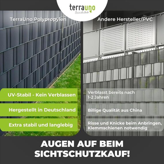 TerraUno Nachhaltige Sichtschutzstreifen für Doppelstabmatten, Polypropylen, Made in Germany, RAL 7040 Grau, 10 Streifen, extra stabil, Lederoptik, Zaun Sichtschutz mit UV-Beständigkeit