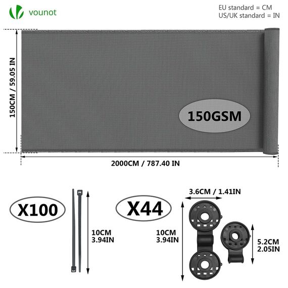 VOUNOT® Zaunblende 1.5×20m, Sichtschutz Zaun 150 g/m² HDPE Schattiernetz, Windschutz UV-resistent Reißfest, mit Löcher und Kabelbinder, Grau