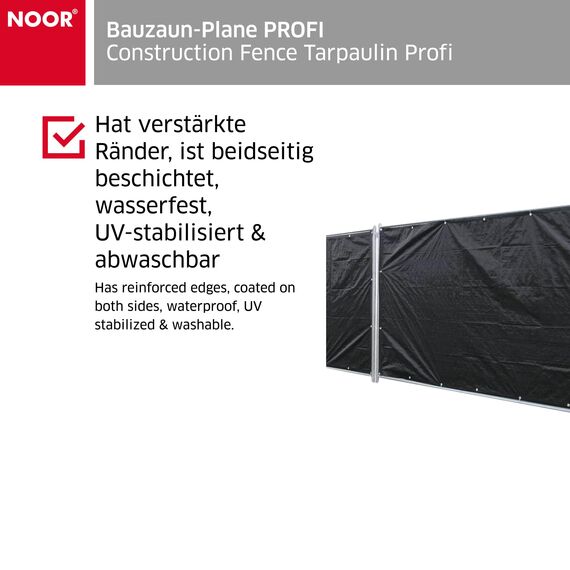 NOOR Bauzaun-Plane PROFI 176 x 341 cm (Standardmaß) I Wasserdichte Abdeckplane mit Ösen aus belastbarem PE-Gewebe 140 gr/m² I Hochwertige Sichtschutz-Plane I 2 Jahre Garantie I In- & Outdoor I Schwarz