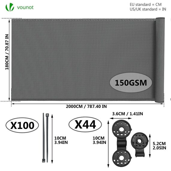 VOUNOT® Zaunblende 1.8×20m, Sichtschutz Zaun 150 g/m² HDPE Schattiernetz, Windschutz UV-resistent Reißfest, mit Löcher und Kabelbinder, Grau