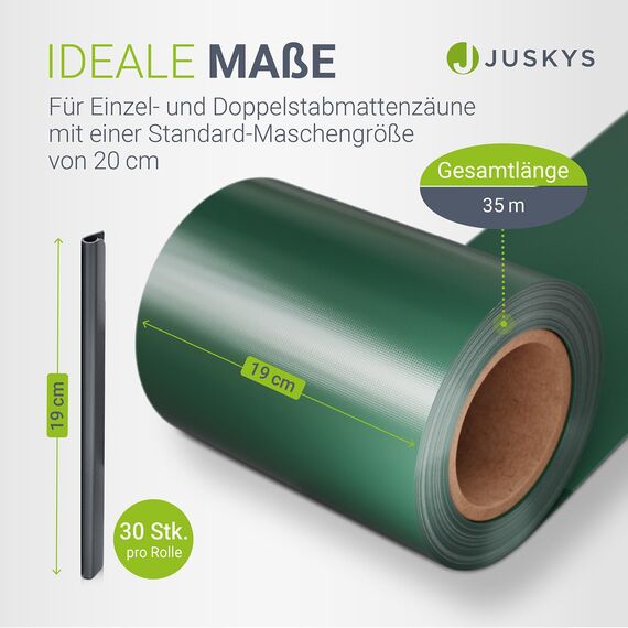 Juskys PVC Sichtschutzstreifen Doppelstabmatten Zaun 4er Set - 4 Rollen á 35m x 19cm - 120 Befestigungsclips - Zaunfolie Sichtschutz Windschutz - grün