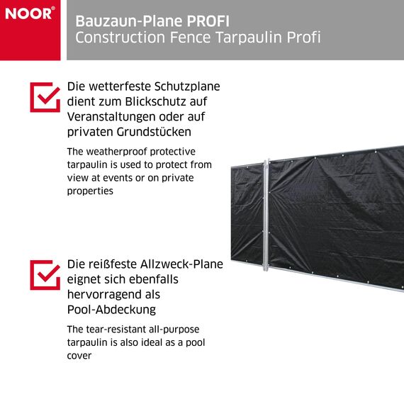 NOOR Bauzaun-Plane PROFI 176 x 341 cm (Standardmaß) I Wasserdichte Abdeckplane mit Ösen aus belastbarem PE-Gewebe 140 gr/m² I Hochwertige Sichtschutz-Plane I 2 Jahre Garantie I In- & Outdoor I Schwarz
