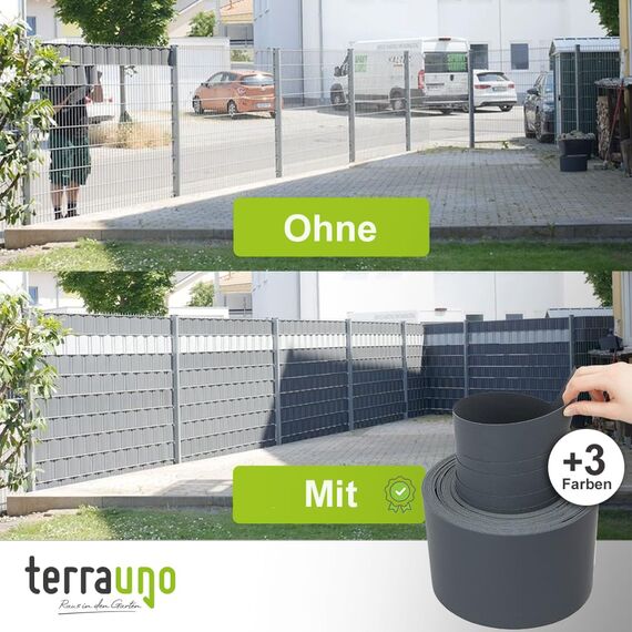 TerraUno Nachhaltige Sichtschutzstreifen für Doppelstabmatten, Polypropylen, Made in Germany, RAL 7016 Anthrazit, 1 Streifen, extra stabil, Lederoptik, Zaun Sichtschutz mit UV-Beständigkeit