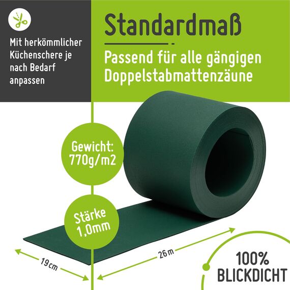 TerraUno Nachhaltige Sichtschutzstreifen für Doppelstabmatten, Polypropylen, Made in Germany, RAL 6005 Grün, 1 Streifen, extra stabil, Lederoptik, Zaun Sichtschutz mit UV-Beständigkeit