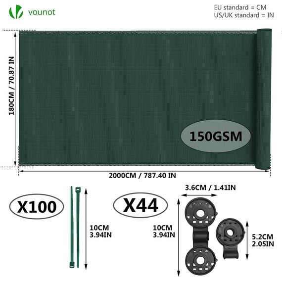 VOUNOT® Zaunblende 1.8×20m, Sichtschutz Zaun 150 g/m² HDPE Schattiernetz, Windschutz UV-resistent Reißfest, mit Löcher und Kabelbinder, Grün
