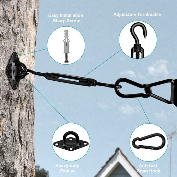 Morzejar Robustes Sonnensegel-Befestigungsset Edelstahl Hardware-Kit für Dreieck und Quadrat Rechteck Sonnensegel Befestigungszubehör Schwarz Polyester wasserdicht