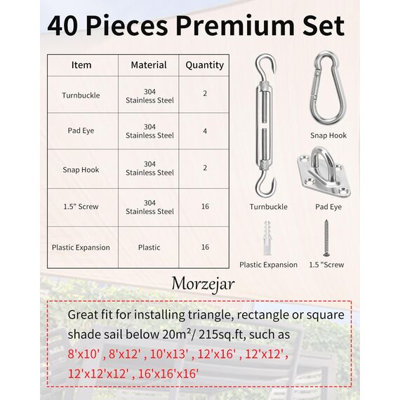 Sonnensegel Hardware Kit 304 Edelstahl Sonnenschutz Vordach Installationsset für die Installation von rechteckigen und dreieckigen Schatten Segeln Garten Beschattungs Kit…