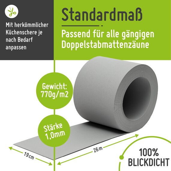 TerraUno Nachhaltige Sichtschutzstreifen für Doppelstabmatten, Polypropylen, Made in Germany, RAL 7040 Grau, 26m x19cm Rolle, extra stabil, Lederoptik, Zaun Sichtschutz mit UV-Beständigkeit