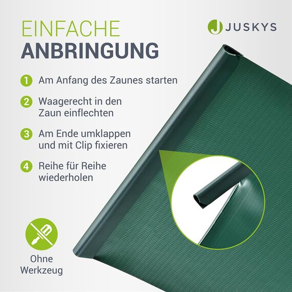 Juskys PVC Sichtschutzstreifen Doppelstabmatten Zaun 2er Set - 2 Rollen á 35m x 19cm - 60 Befestigungsclips - Zaunfolie Sichtschutz Windschutz - grün