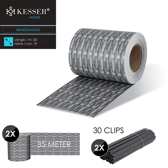 KESSER® PVC Sichtschutzstreifen Sichtschutz Rolle Doppelstabmatten Zaun Blickdicht 70m x 19 cm | 60 Befestigungsclips | Wetterfest Windschutz | Zaunfolie Sichtschutz Garten Gartenzaun Rattan-Grau