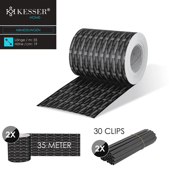 KESSER® PVC Sichtschutzstreifen Sichtschutz Rolle Doppelstabmatten Zaun Blickdicht 70m x 19 cm | 60 Befestigungsclips | Wetterfest Windschutz | Zaunfolie Sichtschutz Garten Gartenzaun Rattan-Anthrazit