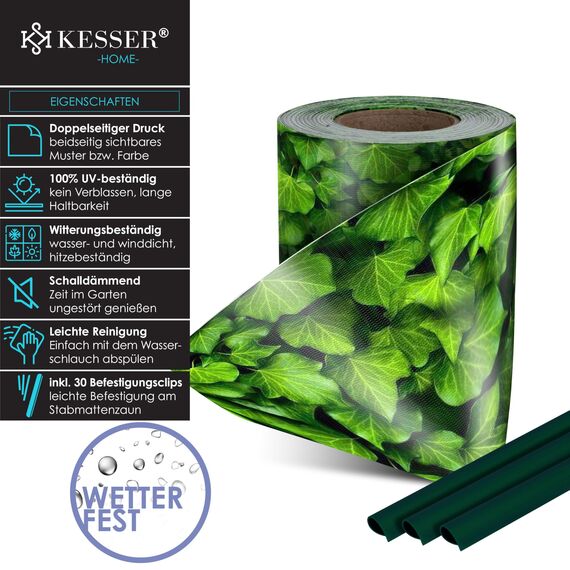 KESSER® PVC Sichtschutzstreifen Sichtschutz Rolle Doppelstabmatten Zaun Blickdicht 70m x 19 cm | 60 Befestigungsclips | Wetterfest Windschutz | Zaunfolie Sichtschutz Garten Gartenzaun Efeu