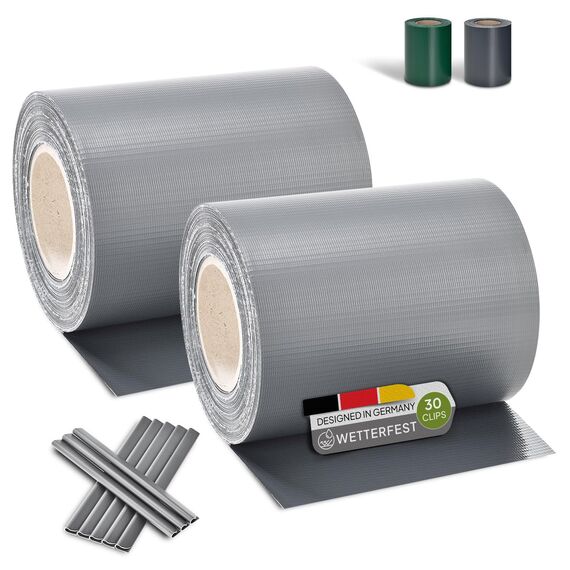 Juskys PVC Sichtschutzstreifen Doppelstabmatten Zaun 2er Set - 2 Rollen á 35m x 19cm - 60 Befestigungsclips - Zaunfolie Sichtschutz Windschutz - hellgrau
