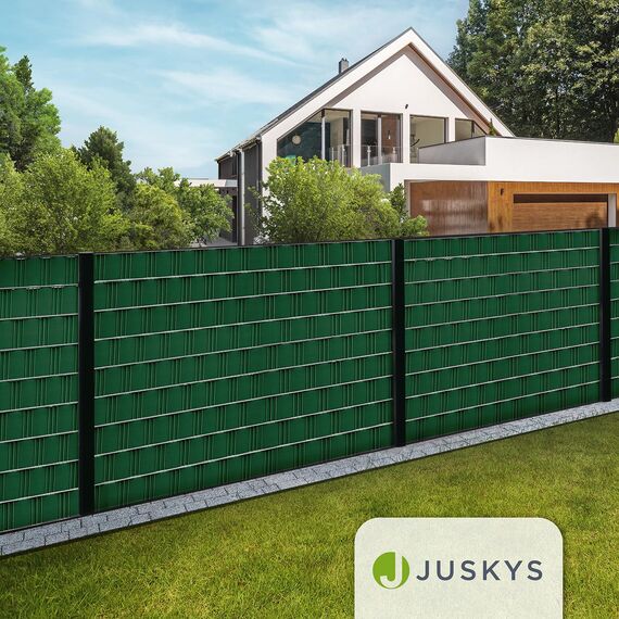 Juskys PVC Sichtschutzstreifen Doppelstabmatten Zaun 3er Set - 3 Rollen á 35m x 19cm - 90 Befestigungsclips - Zaunfolie Sichtschutz Windschutz - grün