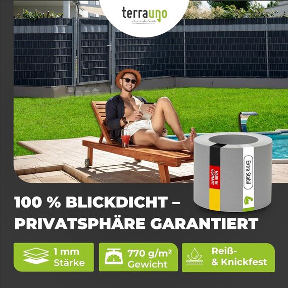 TerraUno Nachhaltige Sichtschutzstreifen für Doppelstabmatten, Polypropylen, Made in Germany, RAL 7040 Grau, 1 Streifen, extra stabil, Lederoptik, Zaun Sichtschutz mit UV-Beständigkeit