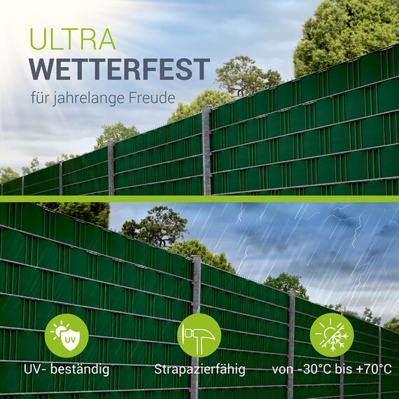 Juskys PVC Sichtschutzstreifen Doppelstabmatten Zaun 2er Set - 2 Rollen á 35m x 19cm - 60 Befestigungsclips - Zaunfolie Sichtschutz Windschutz - grün