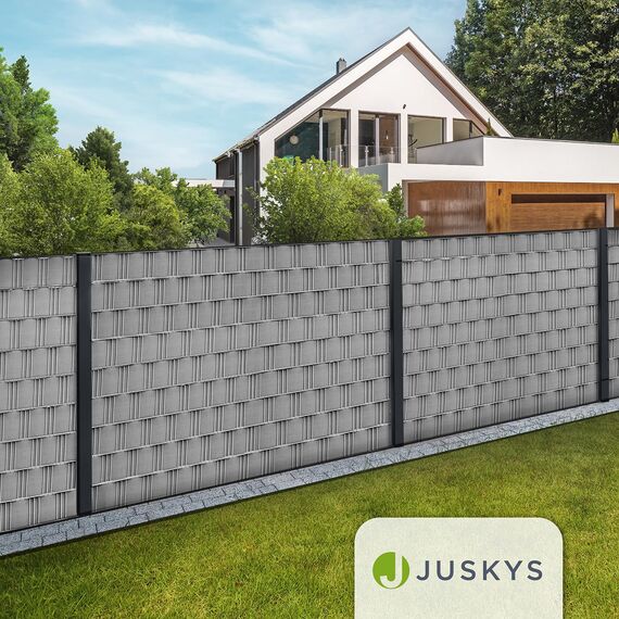 Juskys PVC Sichtschutzstreifen Doppelstabmatten Zaun 3er Set - 3 Rollen á 35m x 19cm - 90 Befestigungsclips - Zaunfolie Sichtschutz Windschutz - hellgrau