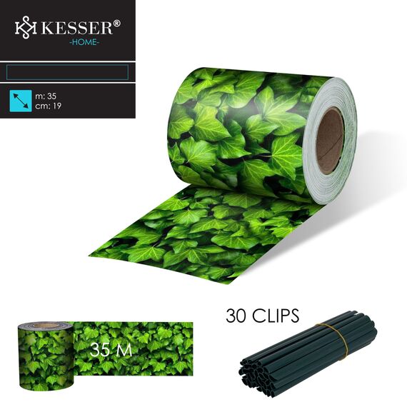 KESSER® PVC Sichtschutzstreifen Sichtschutz Rolle Doppelstabmatten Zaun Blickdicht 35m x 19 cm | 30 Befestigungsclips | Wetterfest Windschutz | Zaunfolie Sichtschutz Garten Gartenzaun Efeu