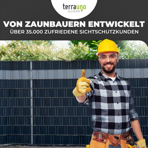 TerraUno Nachhaltige Sichtschutzstreifen für Doppelstabmatten, Polypropylen, Made in Germany, RAL 7040 Grau, 26m x19cm Rolle, extra stabil, Lederoptik, Zaun Sichtschutz mit UV-Beständigkeit