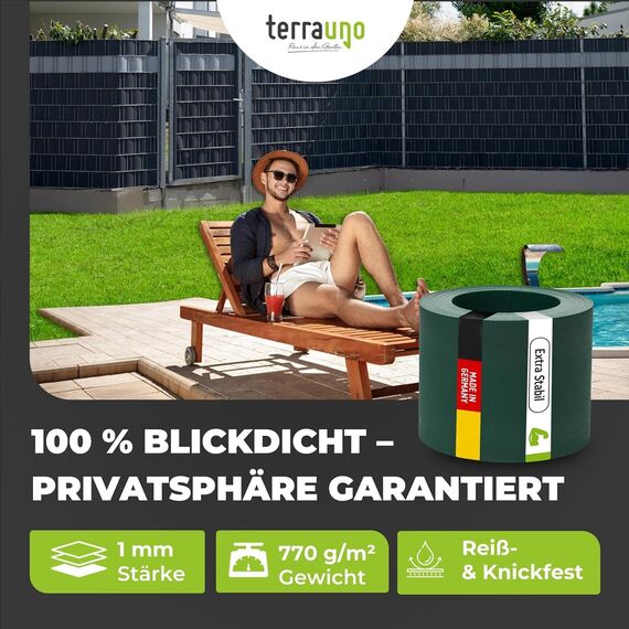 TerraUno Nachhaltige Sichtschutzstreifen für Doppelstabmatten, Polypropylen, Made in Germany, RAL 6005 Grün, 1 Streifen, extra stabil, Lederoptik, Zaun Sichtschutz mit UV-Beständigkeit