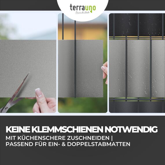 TerraUno Nachhaltige Sichtschutzstreifen für Doppelstabmatten, Polypropylen, Made in Germany, RAL 7040 Grau, 26m x19cm Rolle, extra stabil, Lederoptik, Zaun Sichtschutz mit UV-Beständigkeit