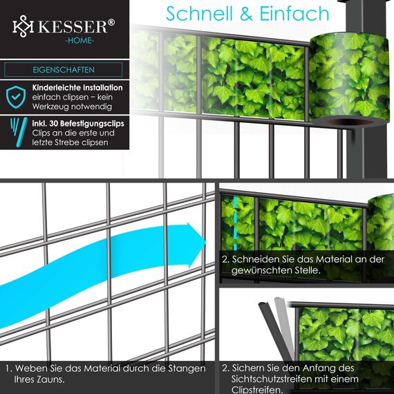 KESSER® PVC Sichtschutzstreifen Sichtschutz Rolle Doppelstabmatten Zaun Blickdicht 35m x 19 cm | 30 Befestigungsclips | Wetterfest Windschutz | Zaunfolie Sichtschutz Garten Gartenzaun Efeu