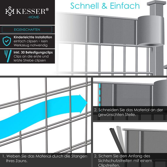 KESSER® PVC Sichtschutzstreifen Sichtschutz Rolle Doppelstabmatten Zaun Blickdicht | 35m x 19 cm | 30 Befestigungsclips | Wetterfest und Windschutz | Zaunfolie Sichtschutz Garten Gartenzaun, Grau