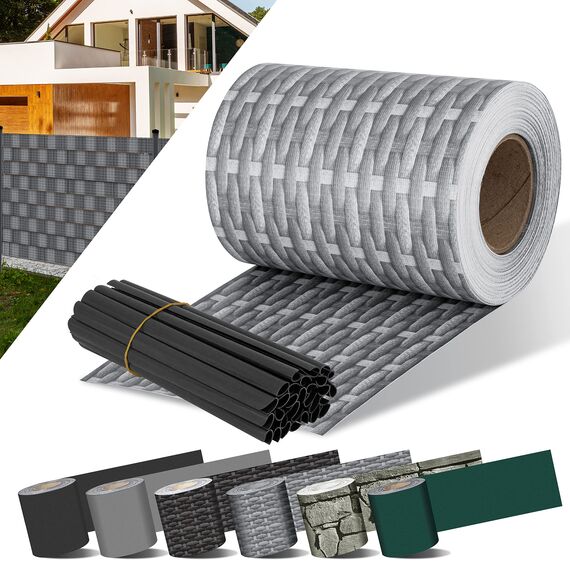KESSER® PVC Sichtschutzstreifen Sichtschutz Rolle Doppelstabmatten Zaun Blickdicht 70m x 19 cm | 60 Befestigungsclips | Wetterfest Windschutz | Zaunfolie Sichtschutz Garten Gartenzaun Rattan-Grau