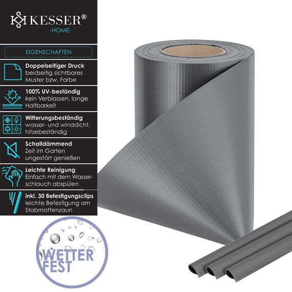 KESSER® PVC Sichtschutzstreifen Sichtschutz Rolle Doppelstabmatten Zaun Blickdicht | 35m x 19 cm | 30 Befestigungsclips | Wetterfest und Windschutz | Zaunfolie Sichtschutz Garten Gartenzaun, Grau