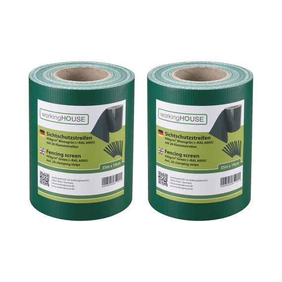 WORKINGHOUSE PVC Sichtschutzstreifen 450g/m² Standard für Doppelstabmatten Zaun – 2er Spar-Set (70m Gesamtlänge), Grün RAL 6005 | Wind- & Blickschutz, wetterfest, inkl. Clips