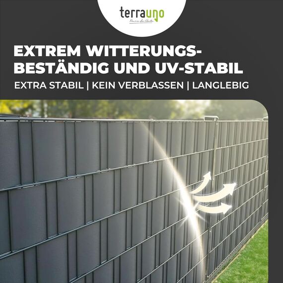 TerraUno Nachhaltige Sichtschutzstreifen für Doppelstabmatten, Polypropylen, Made in Germany, RAL 6005 Grün, 1 Streifen, extra stabil, Lederoptik, Zaun Sichtschutz mit UV-Beständigkeit