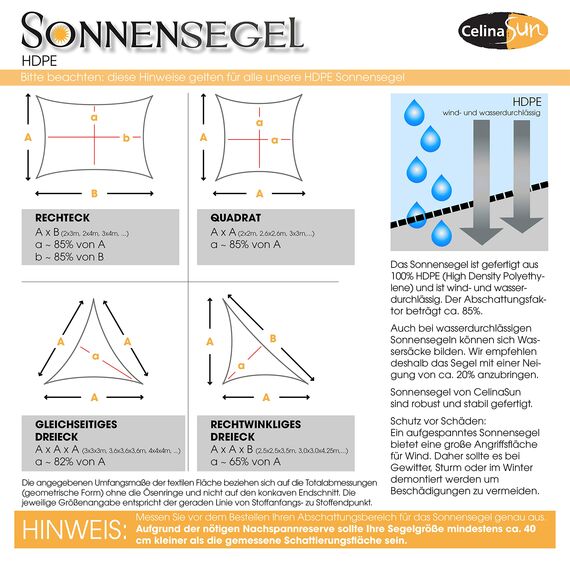 CelinaSun Sonnensegel inkl Befestigungsseile Premium HDPE wetterbeständig atmungsaktiv Rechteck 2 x 3 m Creme weiß