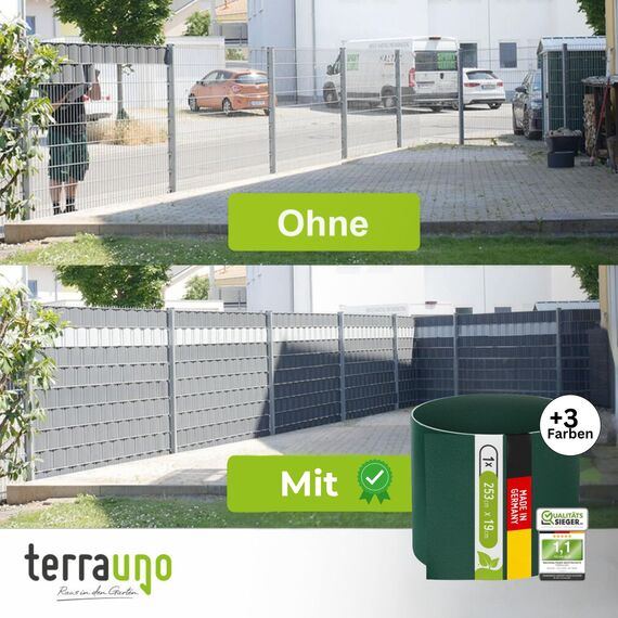 TerraUno Nachhaltige Sichtschutzstreifen für Doppelstabmatten, Polypropylen, Made in Germany, RAL 6005 Grün, 1 Streifen, extra stabil, Lederoptik, Zaun Sichtschutz mit UV-Beständigkeit