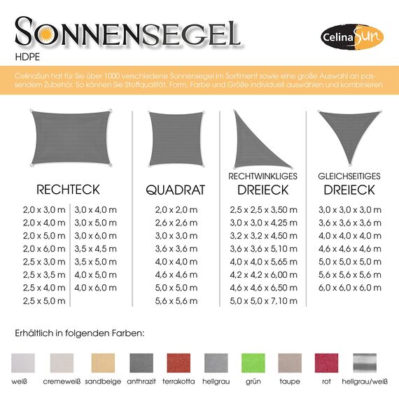 CelinaSun Sonnensegel inkl Befestigungsseile Premium HDPE wetterbeständig atmungsaktiv Dreieck rechtwinklig 2,5 x 2,5 x 3,5 m hellgrau