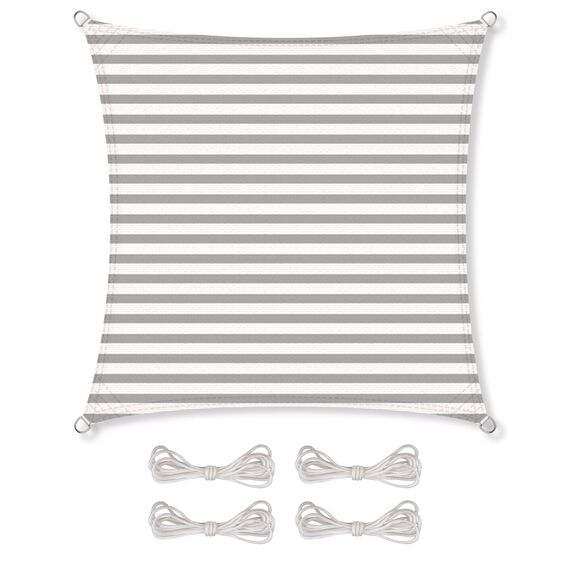 CelinaSun Sonnensegel inkl Befestigungsseile Premium HDPE wetterbeständig atmungsaktiv Quadrat 4 x 4 m Streifen hellgrau weiß