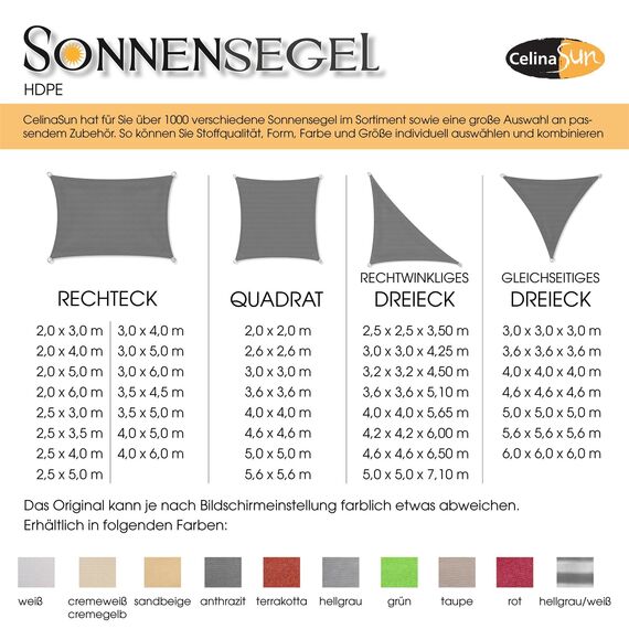 CelinaSun Sonnensegel inkl Befestigungsseile Premium HDPE wetterbeständig atmungsaktiv Rechteck 3 x 5 m Taupe