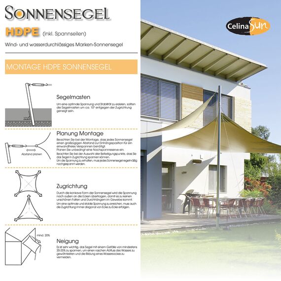 CelinaSun Sonnensegel inkl Befestigungsseile Premium HDPE wetterbeständig atmungsaktiv Dreieck gleichseitig 3 x 3 x 3 m Sand beige